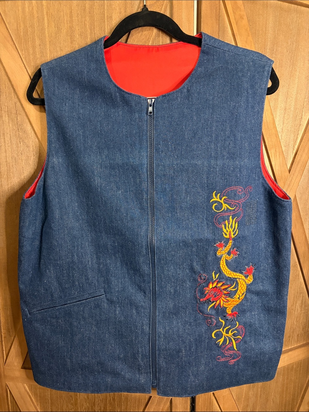 Vintage Embroidered Dragon Denim Zip-Up Vest